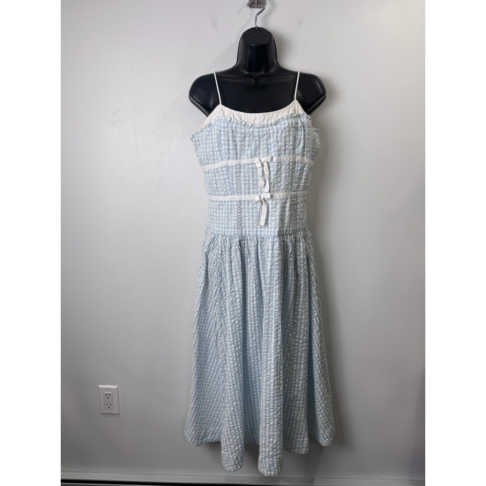 For Love & Lemons Georgia Blue Gingham Cottagecore Bow Midi Dress Large